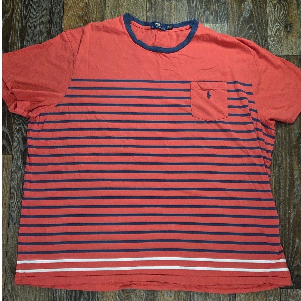Polo Ralph Lauren Mens 3XB Big & Tall Striped Pocket T-Shirt Coral Red Navy Blue